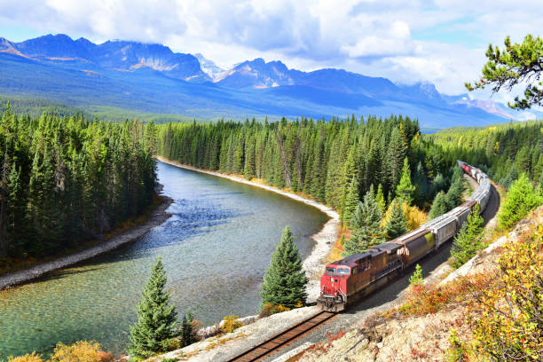 Luxury train passing through the Canadian Rockies landscape
